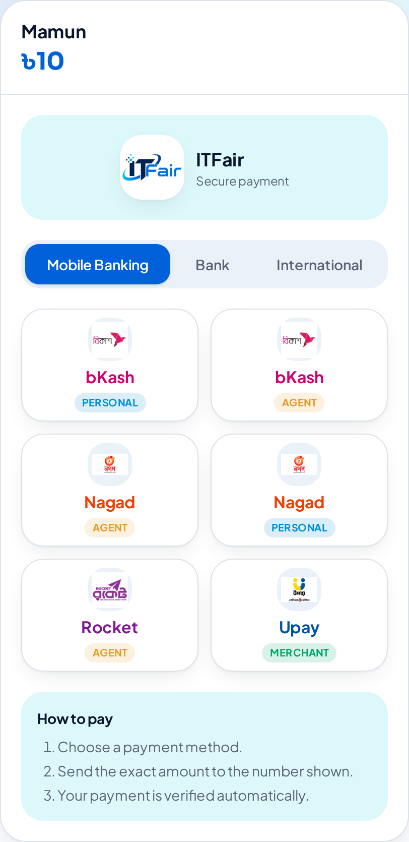 Real merchant-branded payment page showing payment methods and account labels